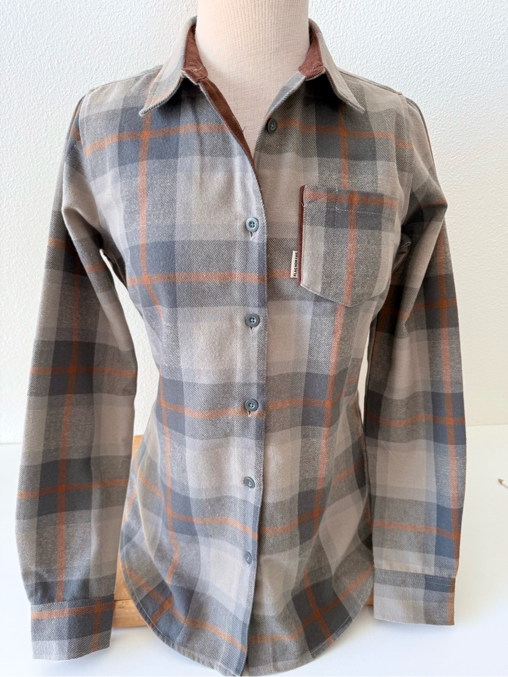 Flag Nor Fail Gray Orange Plaid Flannel Shirt Back Buttons Size Small Womens